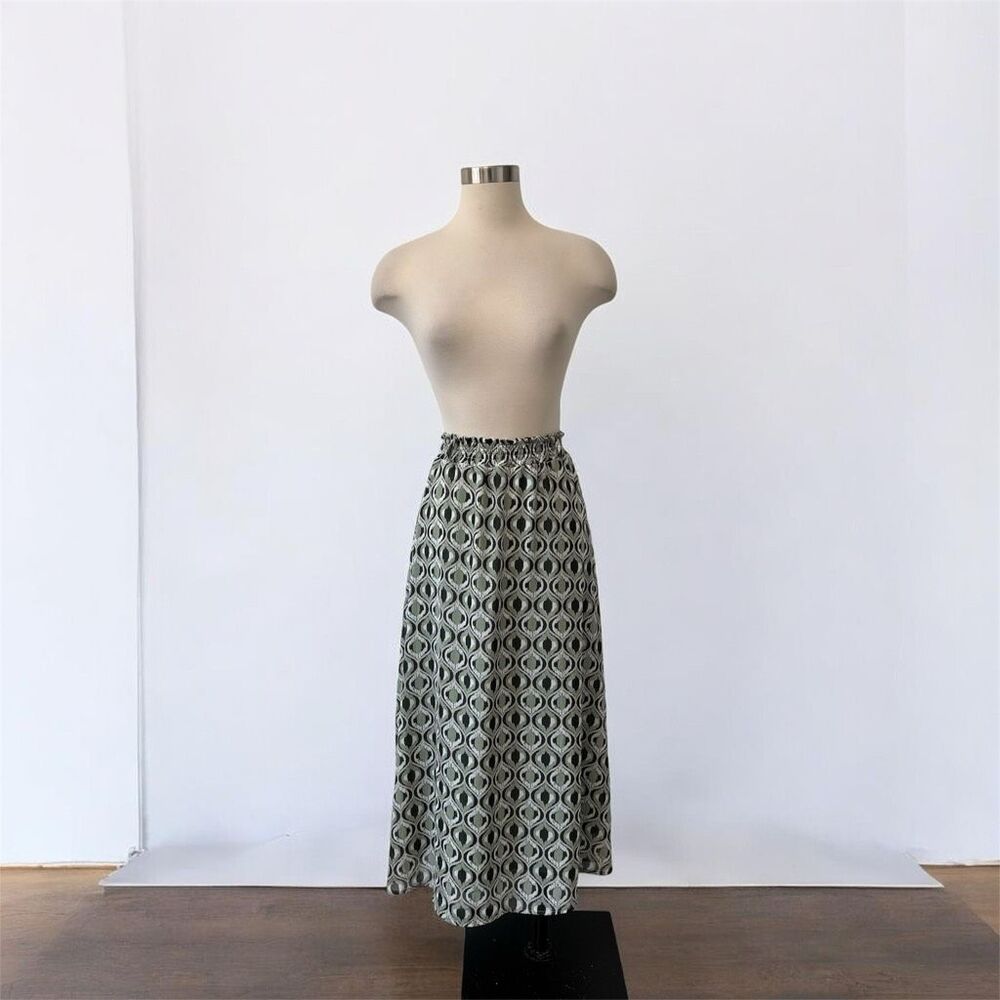 Lark + Grey Geometric Olive Green Midi Skirt with Smocked Waist